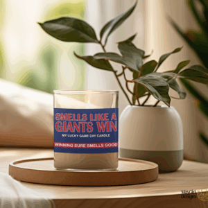 Handmade 14oz soy wax game day candle in frosted glass jar with team colors and label reading “Smells Like a [Team Name] Win.”