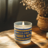 Handmade 14oz soy wax game day candle in frosted glass jar with team colors and label reading “Smells Like a [Team Name] Win.”