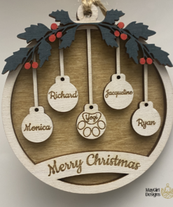 Personalized laser-cut ornament — hand painted and hand stained keepsake, custom engraved with names or dates.