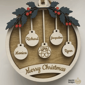 Personalized laser-cut ornament — hand painted and hand stained keepsake, custom engraved with names or dates.