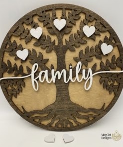 Personalized wooden family tree sign with engraved heart name tags, hand-painted and stained, displayed as a rustic home decor piece.