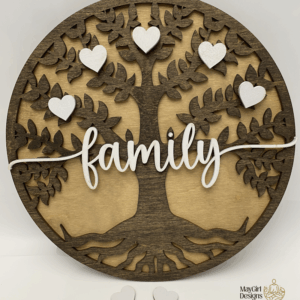 Personalized wooden family tree sign with engraved heart name tags, hand-painted and stained, displayed as a rustic home decor piece.