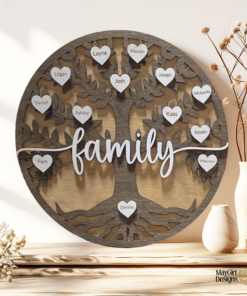 Personalized wooden family tree sign with engraved heart name tags, hand-painted and stained, displayed as a rustic home decor piece.