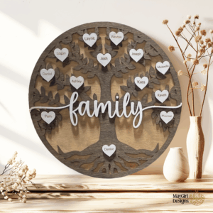 Personalized wooden family tree sign with engraved heart name tags, hand-painted and stained, displayed as a rustic home decor piece.