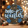 Round wooden Christmas sign featuring festive designs and phrases, perfect for seasonal home décor.