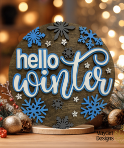 Round wooden Christmas sign featuring festive designs and phrases, perfect for seasonal home décor.