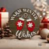 Round wooden Christmas sign featuring festive designs and phrases, perfect for seasonal home décor.