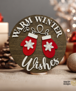 Round wooden Christmas sign featuring festive designs and phrases, perfect for seasonal home décor.