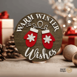 Round wooden Christmas sign featuring festive designs and phrases, perfect for seasonal home décor.