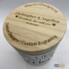 Custom soy candle in a 14oz frosted glass jar with a personalized label reading “Your Custom Design Here”