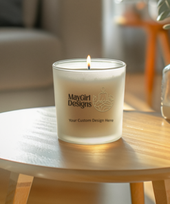 Custom soy candle in a 14oz frosted glass jar with a personalized label reading “Your Custom Design Here”