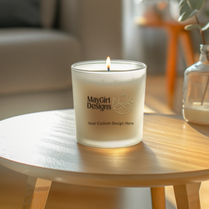 Custom soy candle in a 14oz frosted glass jar with a personalized label reading “Your Custom Design Here”