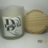 Custom soy candle in a 14oz frosted glass jar with a personalized label reading “Your Custom Design Here”