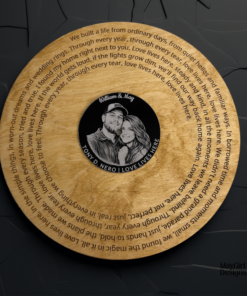 Album-inspired laser cut wooden keepsake designed like a vinyl record, featuring engraved text around the edge and a custom photo displayed on the centre label.