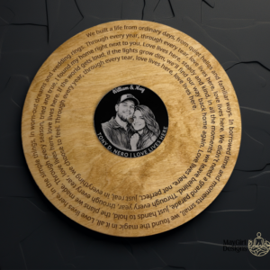 Album-inspired laser cut wooden keepsake designed like a vinyl record, featuring engraved text around the edge and a custom photo displayed on the centre label.