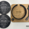 Vinyl coaster turntable set with engraved acrylic record coasters on handcrafted wooden base by MayGirl Designs