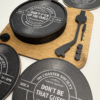 Vinyl coaster turntable set with engraved acrylic record coasters on handcrafted wooden base by MayGirl Designs