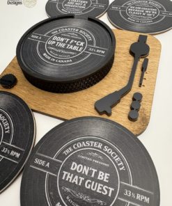 Vinyl coaster turntable set with engraved acrylic record coasters on handcrafted wooden base by MayGirl Designs