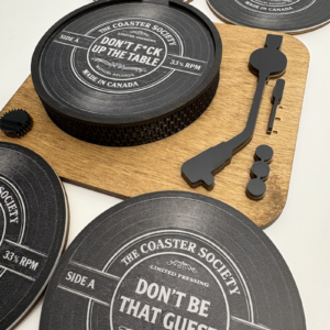 Vinyl coaster turntable set with engraved acrylic record coasters on handcrafted wooden base by MayGirl Designs
