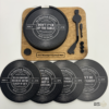 Vinyl coaster turntable set with engraved acrylic record coasters on handcrafted wooden base by MayGirl Designs