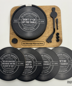 Vinyl coaster turntable set with engraved acrylic record coasters on handcrafted wooden base by MayGirl Designs