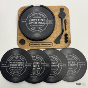Vinyl coaster turntable set with engraved acrylic record coasters on handcrafted wooden base by MayGirl Designs