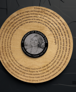 Album-inspired laser cut wooden keepsake designed like a vinyl record, featuring engraved text around the edge and a custom photo displayed on the centre label.
