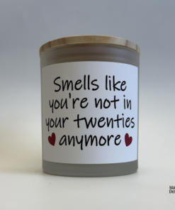 Custom soy candle in a 14oz frosted glass jar with a personalized label reading “Your Custom Design Here”