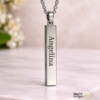 Stainless steel engraved bar necklace with custom name engraving shown with the name Angelina