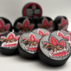 Custom personalized keepsake hockey pucks featuring team logos, player of the game designs, season details, and team roster layouts