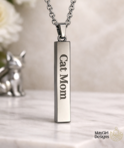 Stainless steel engraved bar necklace with custom name engraving shown with the name Cat Mom