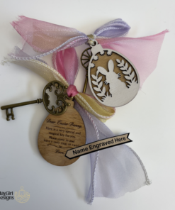 Handcrafted laser cut wooden magic keys with engraved tags, ribbons, and themed designs for Santa, Easter Bunny, and Tooth Fairy