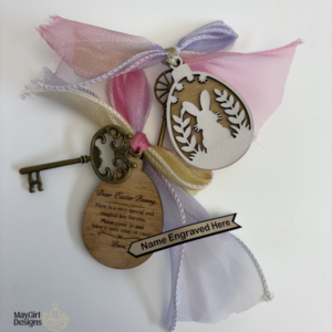 Handcrafted laser cut wooden magic keys with engraved tags, ribbons, and themed designs for Santa, Easter Bunny, and Tooth Fairy