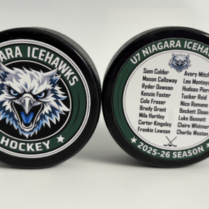 Custom personalized keepsake hockey pucks featuring team logos, player of the game designs, season details, and team roster layouts