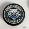 Custom personalized keepsake hockey pucks featuring team logos, player of the game designs, season details, and team roster layouts