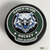 Custom personalized keepsake hockey pucks featuring team logos, player of the game designs, season details, and team roster layouts