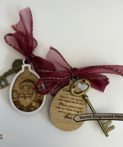 Handcrafted laser cut wooden magic keys with engraved tags, ribbons, and themed designs for Santa, Easter Bunny, and Tooth Fairy