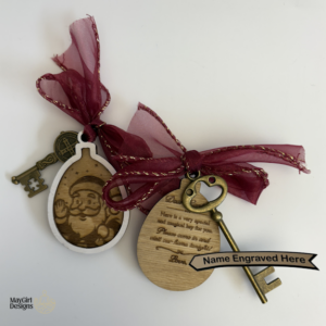 Handcrafted laser cut wooden magic keys with engraved tags, ribbons, and themed designs for Santa, Easter Bunny, and Tooth Fairy