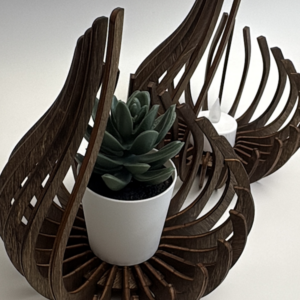 Laser cut wooden tea light holder with curved design, hand stained and handcrafted