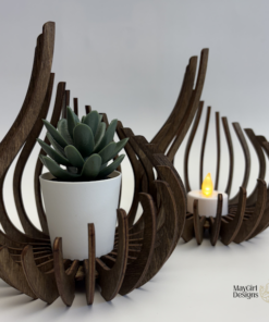 Laser cut wooden tea light holder with curved design, hand stained and handcrafted
