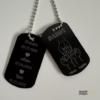 Black engraved dog tag style keepsakes with silver ball chains, personalized for Dad with names, dates, quotes, line art, and photo engraving