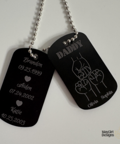 Black engraved dog tag style keepsakes with silver ball chains, personalized for Dad with names, dates, quotes, line art, and photo engraving