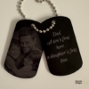 Black engraved dog tag style keepsakes with silver ball chains, personalized for Dad with names, dates, quotes, line art, and photo engraving
