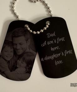 Black engraved dog tag style keepsakes with silver ball chains, personalized for Dad with names, dates, quotes, line art, and photo engraving