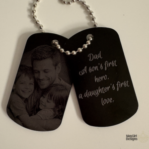 Black engraved dog tag style keepsakes with silver ball chains, personalized for Dad with names, dates, quotes, line art, and photo engraving