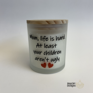 Cheeky handmade mom candles in frosted glass jars with funny Mother’s Day sayings and bamboo lids by MayGirl Designs.