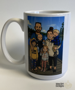 Custom 15 oz personalized coffee mug with a unique MayGirl Designs graphic, perfect for coffee lovers and personalized gifts.
