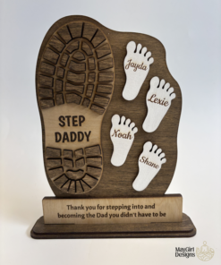 Personalized wooden Father’s Day keepsake sign with a large daddy boot print, three children’s footprints, engraved names, and the message “No matter how big I get, I will always reach for you.”