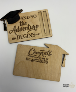 Custom wooden graduation money holders with engraved Class of designs, including cap and diploma details.