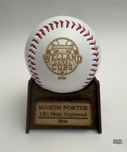 Personalized engraved keepsake baseball with custom logo, player name and jersey number